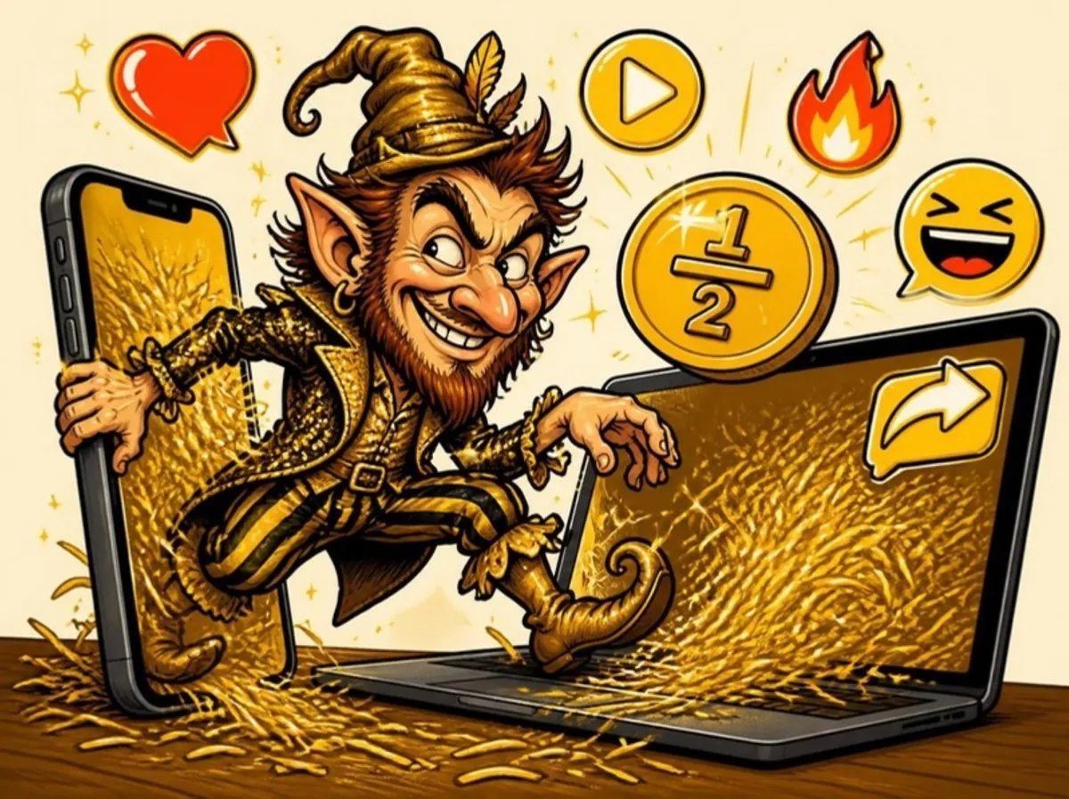 Illustration: the cartoon imp steps out of a vertical phone into a landscape laptop, with like, play, fire and half-price icons around him