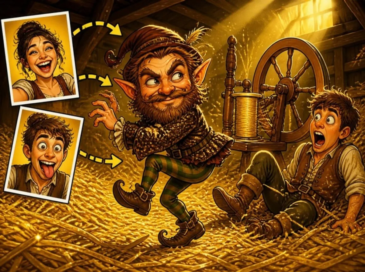Illustration: a cartoon Rumpelstiltskin-style imp tiptoes through the straw while two selfies point at him and a friend gapes from the floor