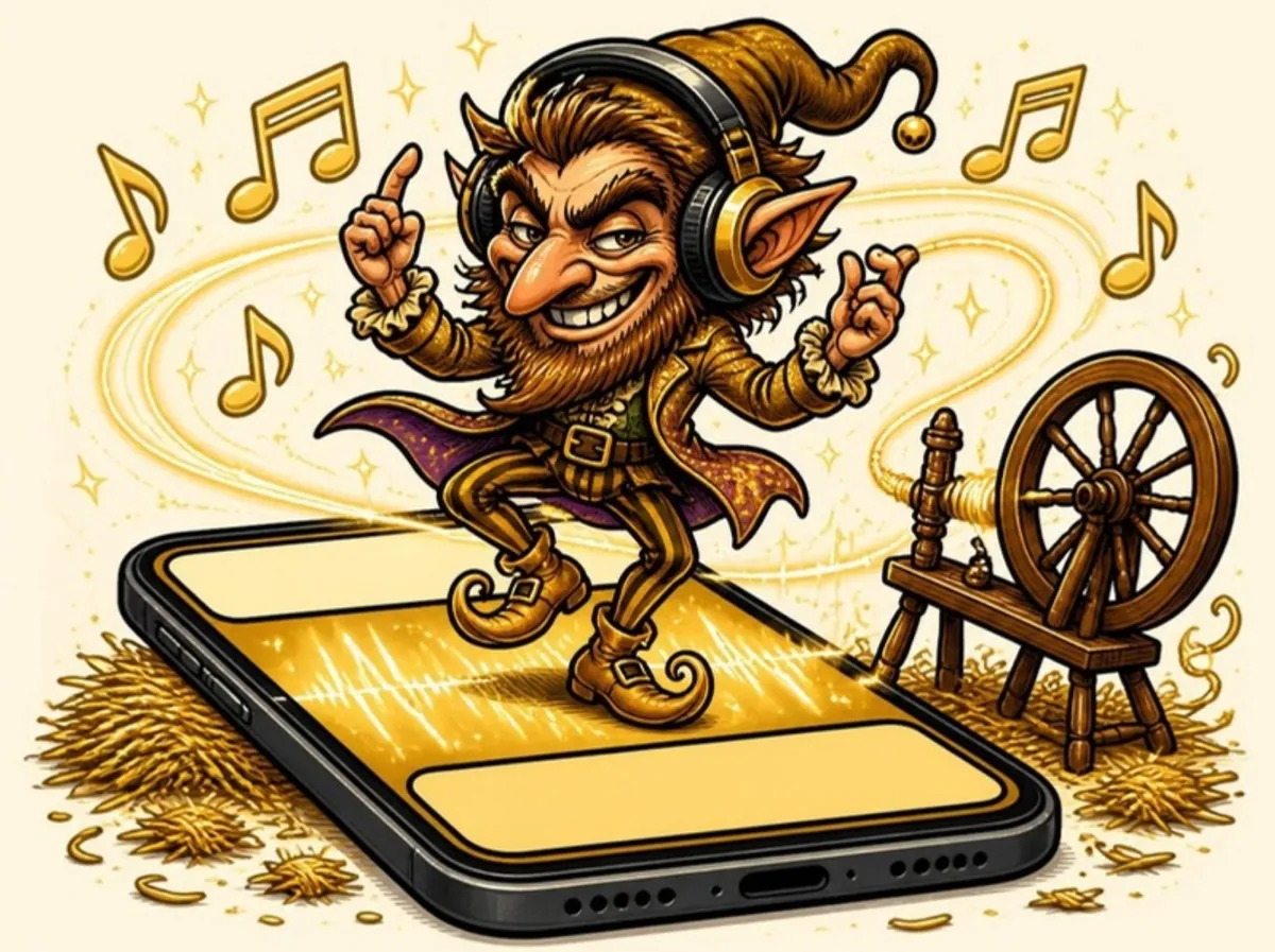 Illustration: the cartoon imp dances on a phone with blank caption bars, wearing headphones among golden music notes and a spinning wheel