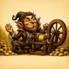 Duende de desenho transformando palha em ouro, todo convencido