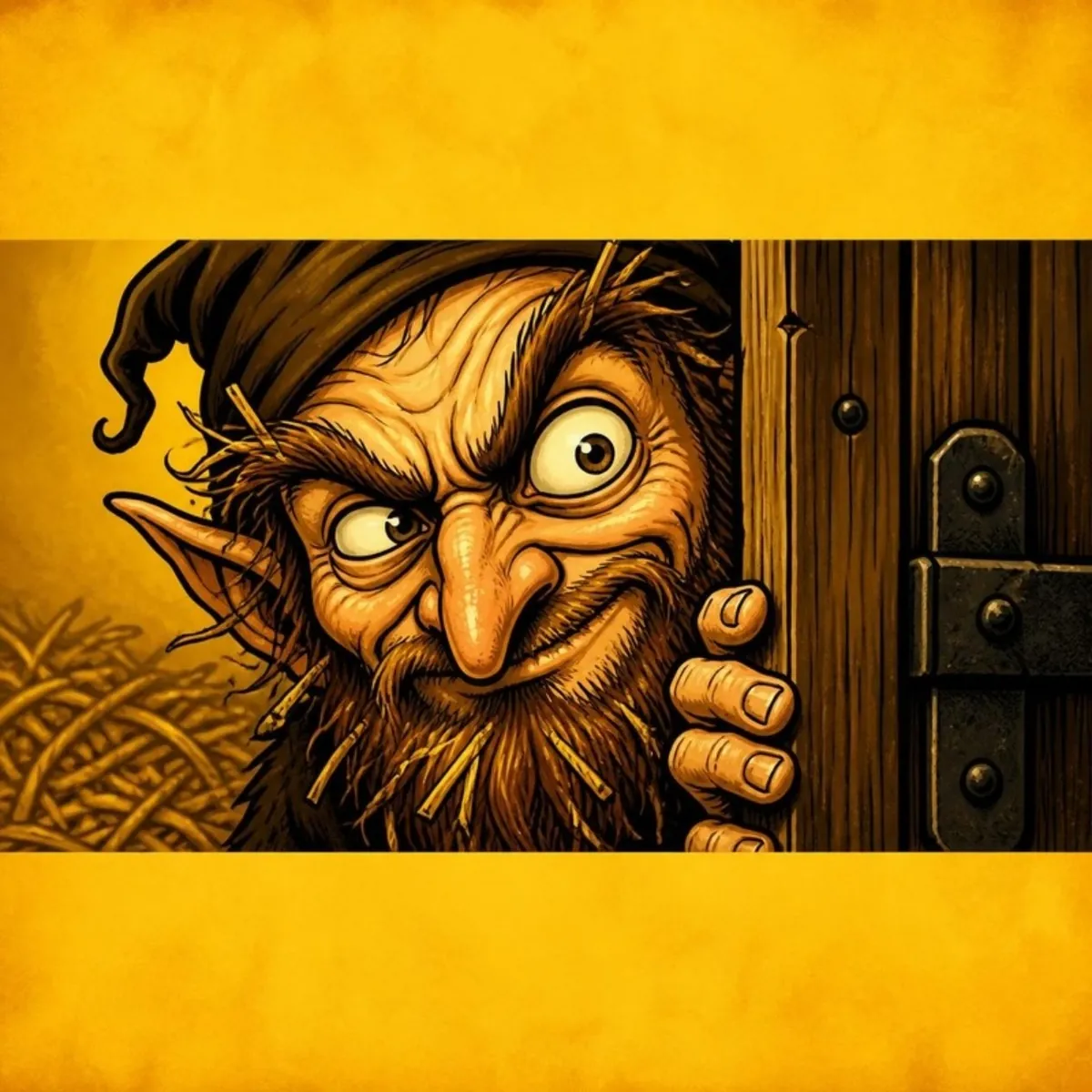 Duende de desenho espiando pela porta de um celeiro