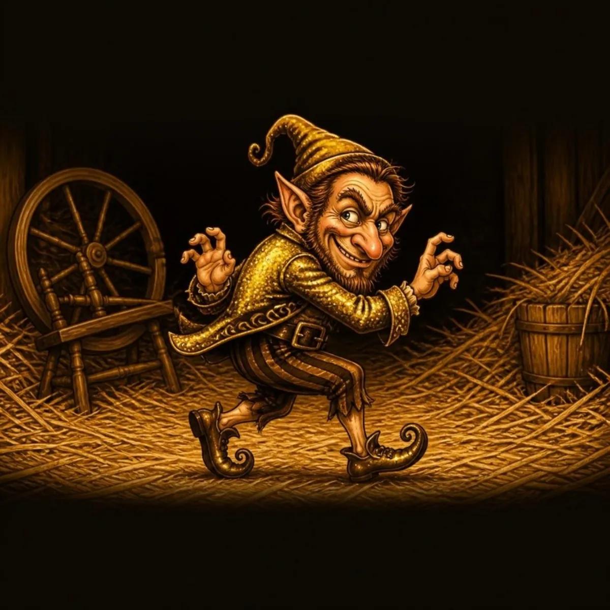 Duende de desenho andando na ponta dos pés pela palha dourada
